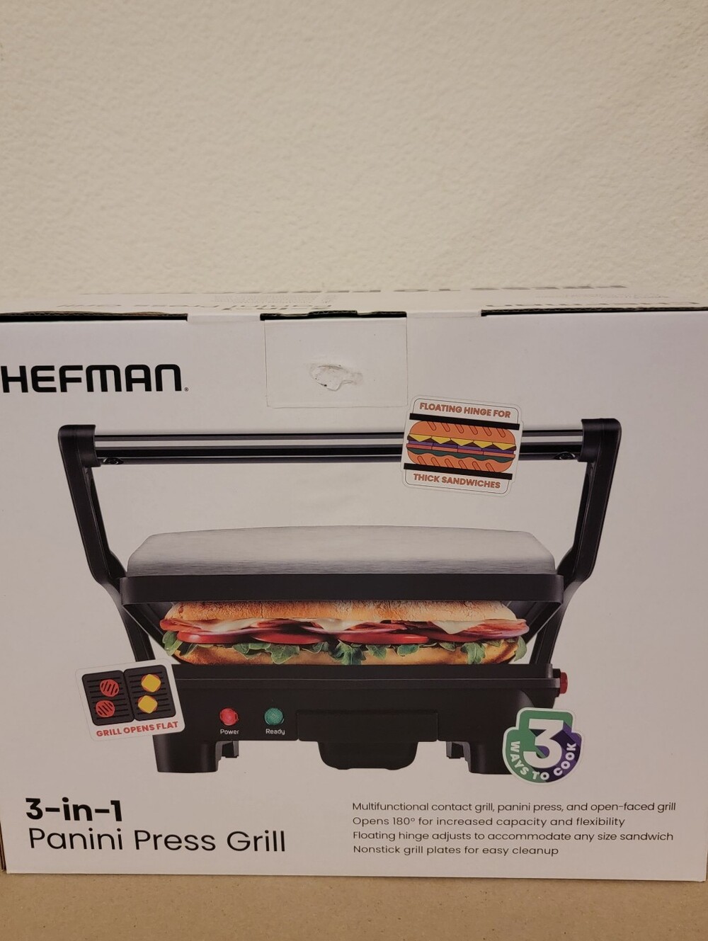 Chefman 3-in-1 Panini Press & Grill 2-Slice Non-Stick Opens Flat Stainless NEW